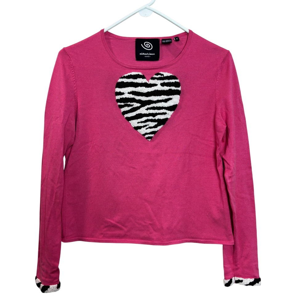 Michael Simon Event Top M Pink Zebra Heart Long Sleeve Knit Silk‎ Sweater y2k